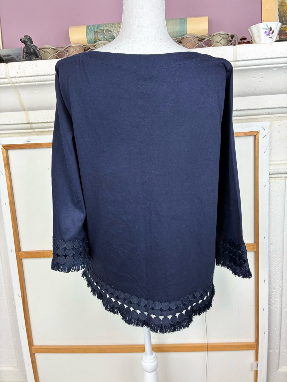 Talbots Deep Navy Mod Circle Fringe-Trim Boatneck Tunic Pima Cotton - Picture 3 of 10